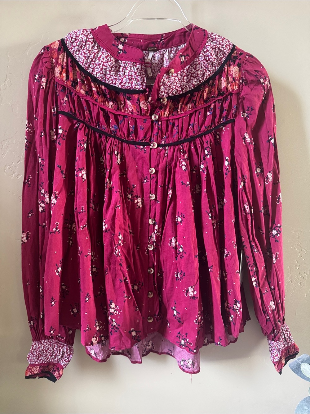 Free People Raspberry Floral Button-Down Blouse